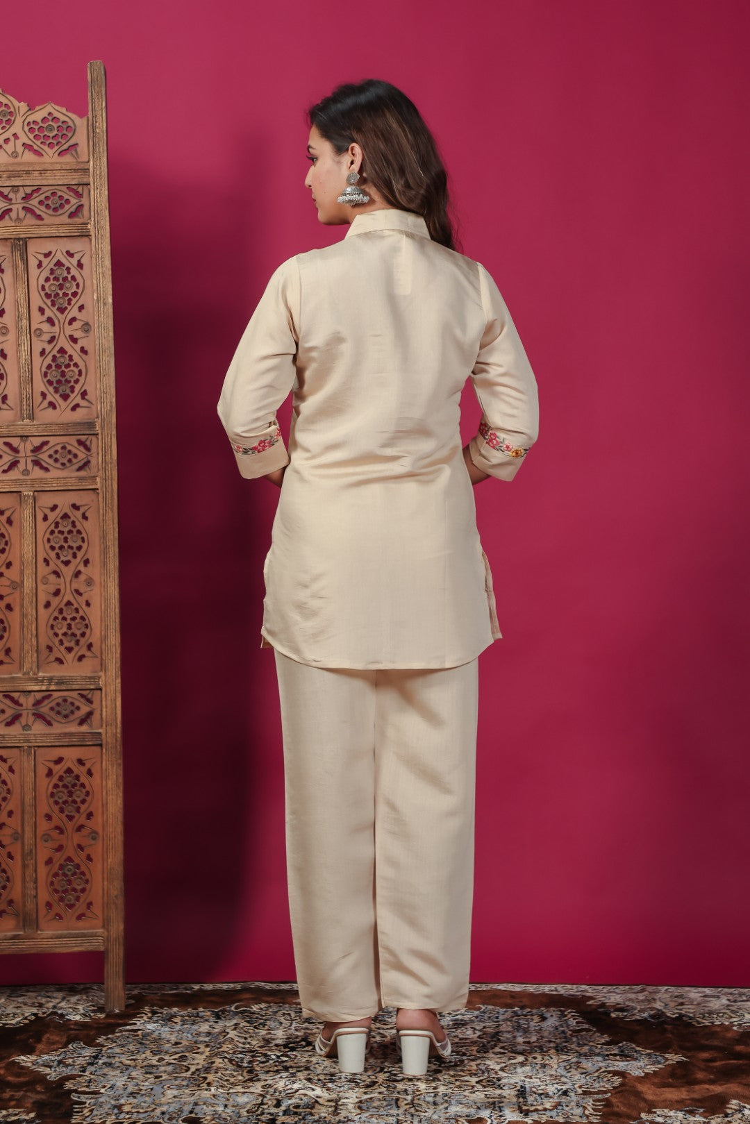 Beige Muslin Silk with Tree & Floral Thread Work Co-ord Set