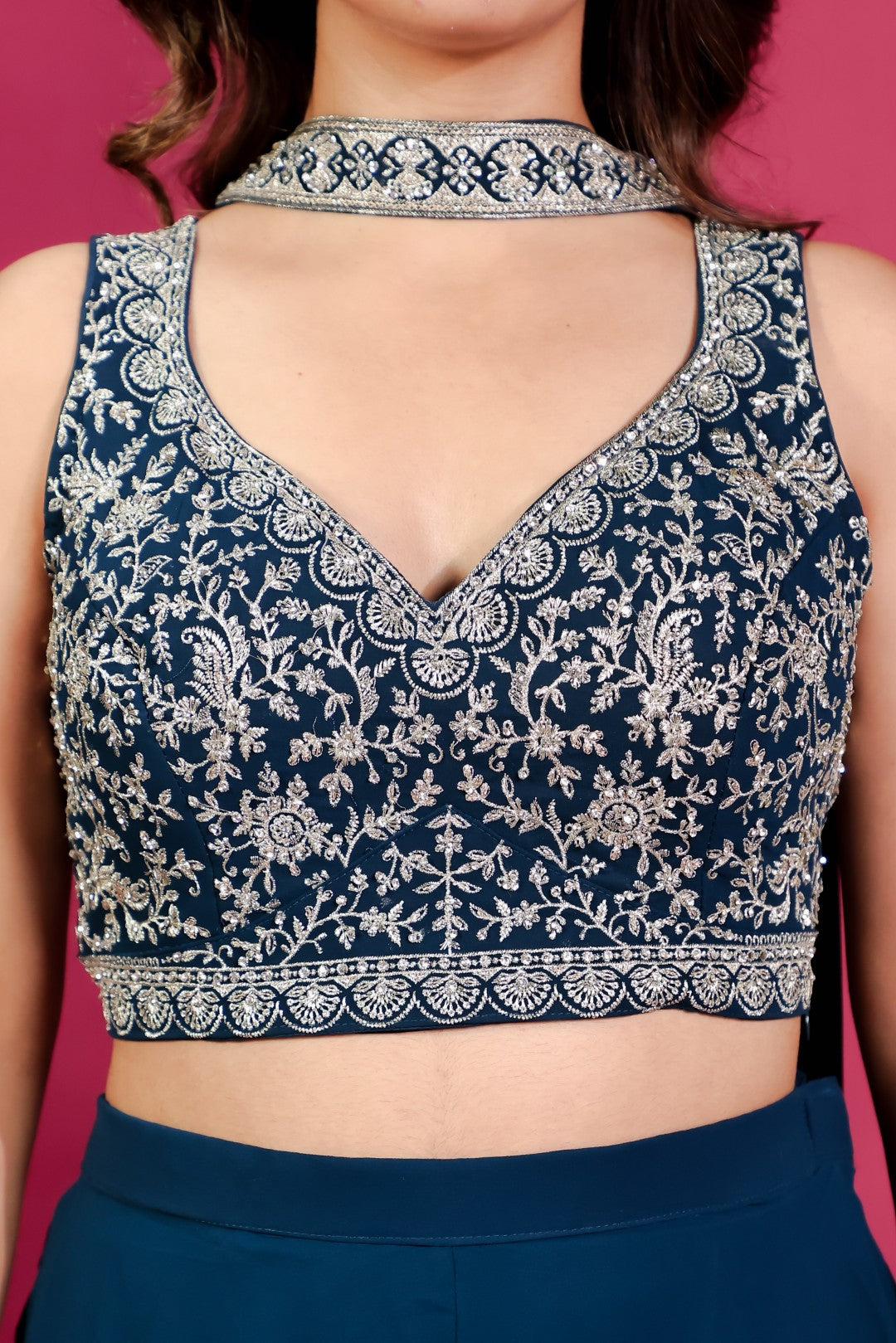 Diesel Blue Georgette Blouse with Heavy Zari Work, Sharara & Dupatta