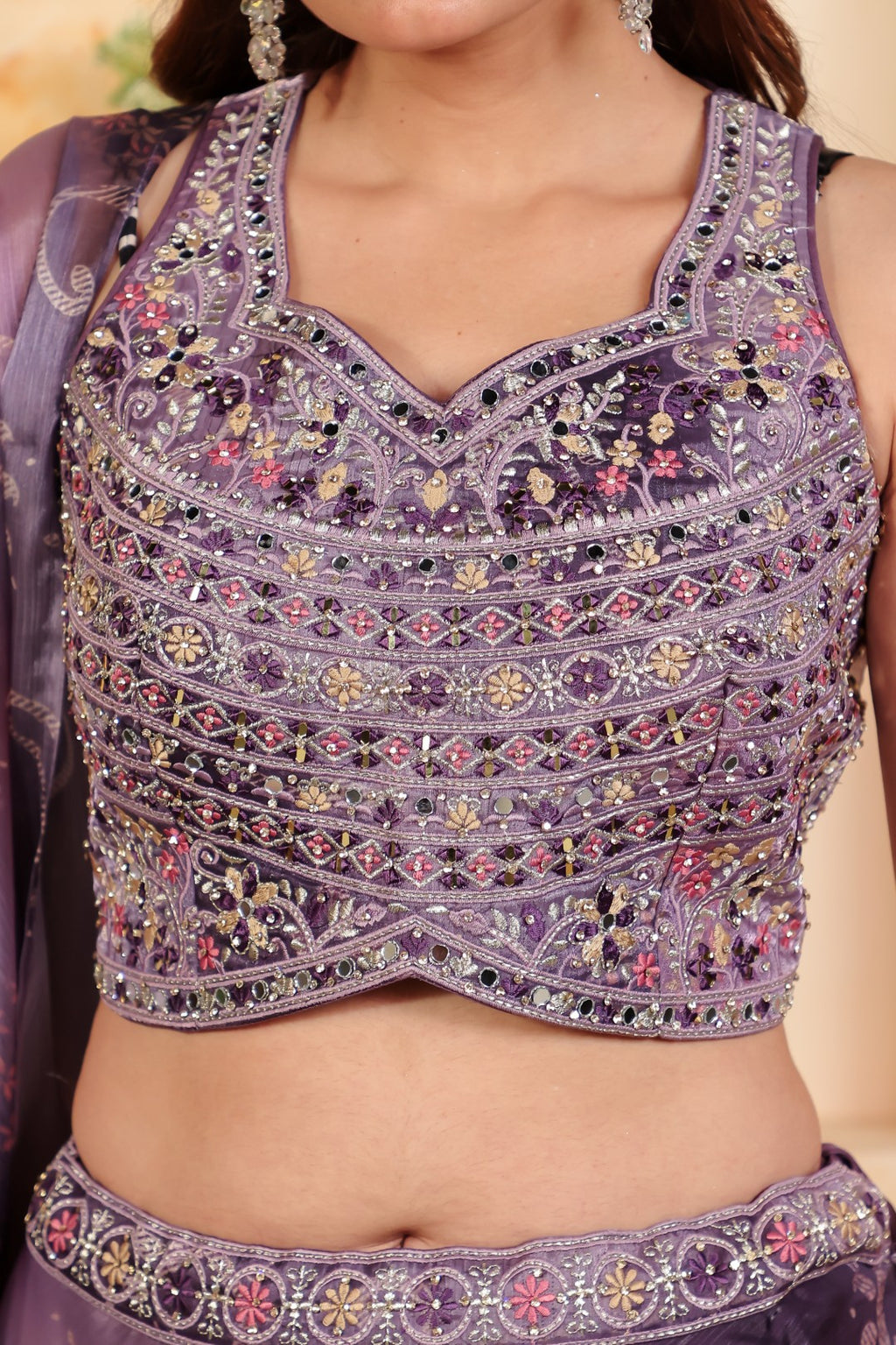 Purple Jimmy Choo Blouse with Digital Print & Zari Work, Lehenga & Dupatta