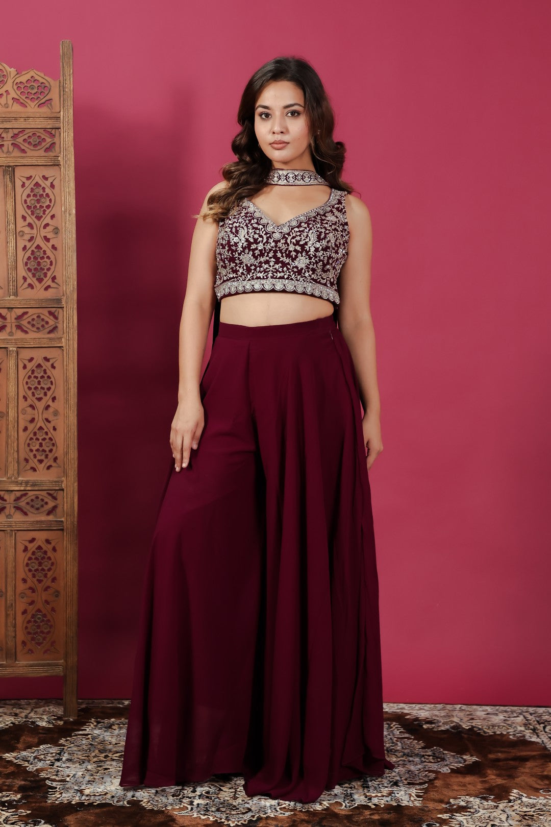 Wine Georgette Blouse with Heavy Zari Work, Sharara & Dupatta