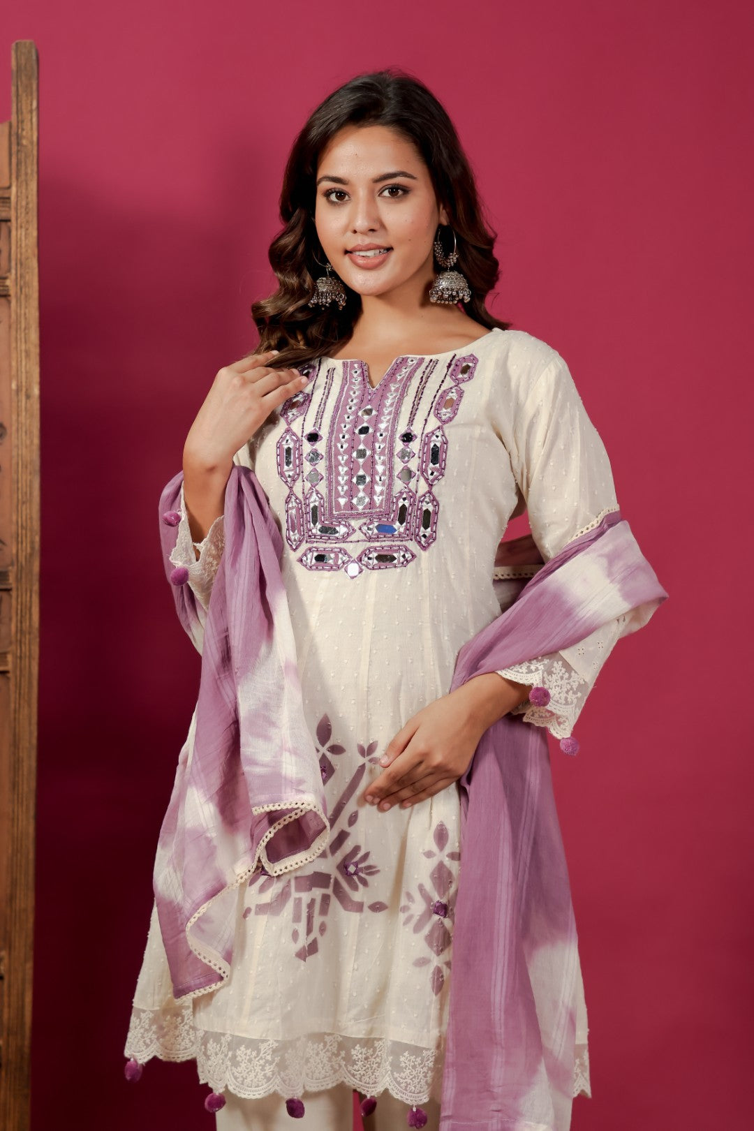Off White Cotton Suit with Dollar Butti, Mirror & Handwork Neck, Block Print, Pant & Dupatta