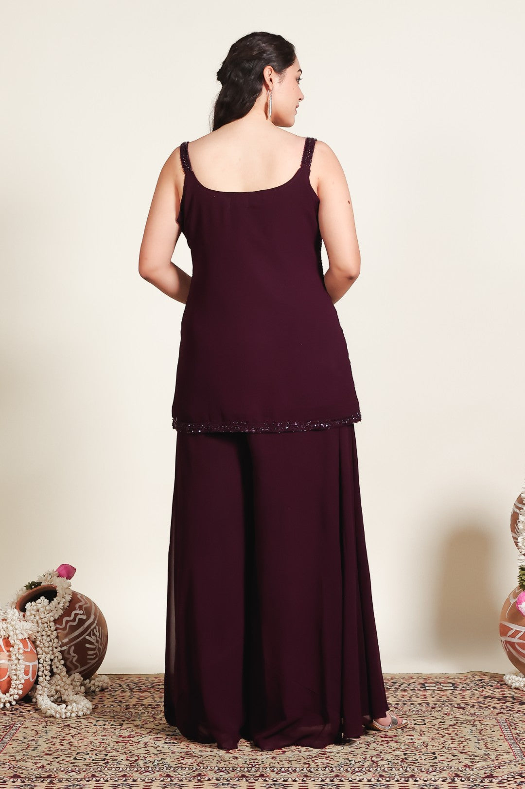 Wine Georgette Suit with Handwork, Sharara & Dupatta