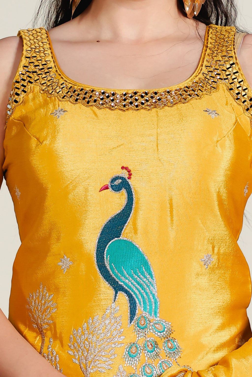Mustard Yellow Chinon Suit with Peacock Zari Work, Sharara & Dupatta