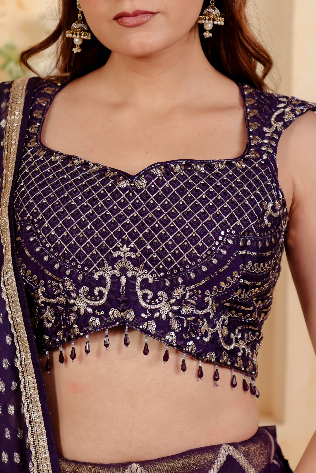 Purple Dola Silk Blouse with Zari Work, Lehenga & Dupatta