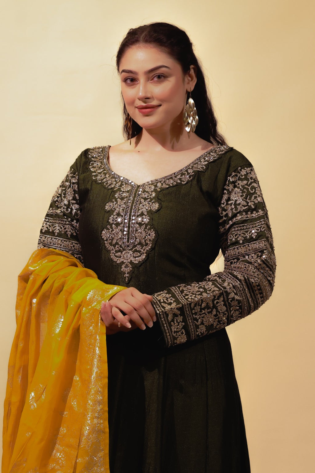 Mehendi Green Vichitra Silk with Zari Work Gown & Dupatta