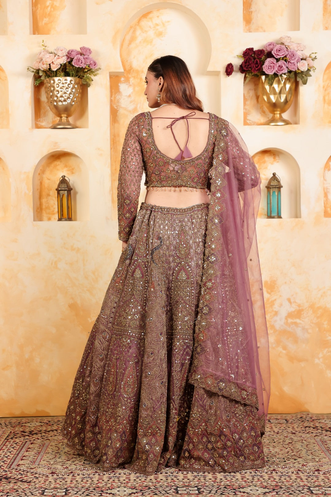 Dried Lavender Twill Net Lehenga with Heavy Zari Work, Blouse & Dupatta