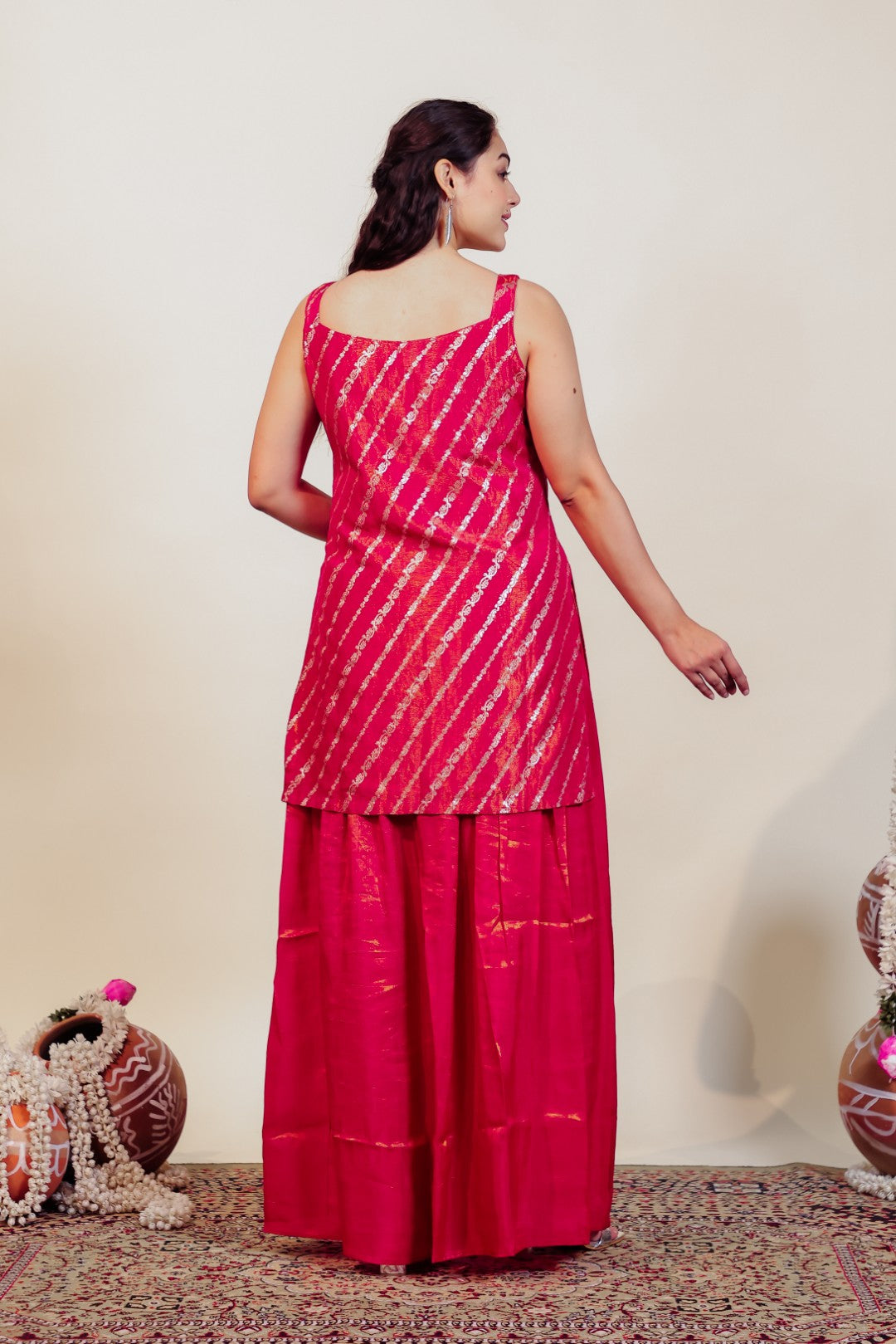 Rani Pink Mosh Silk Suit with Banarsi Print Handwork, Sharara & Dupatta