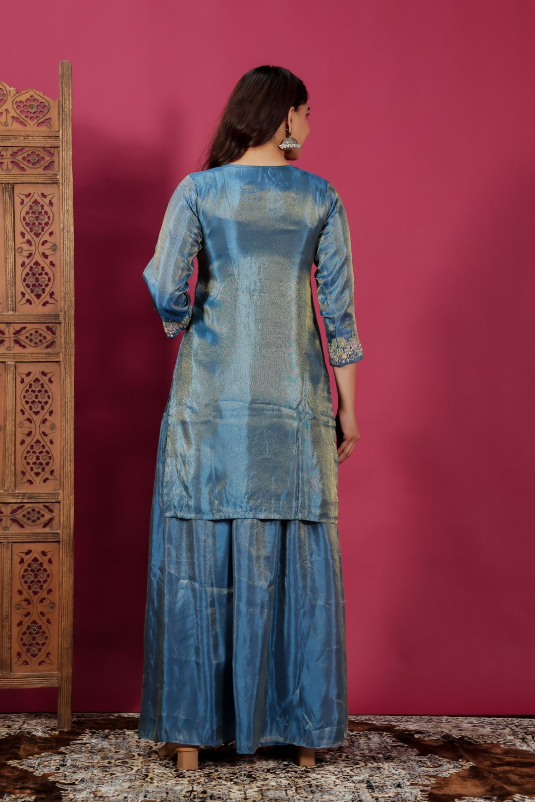 Diesel Blue Mosh Silk Handwork Suit, Palazzo & Dupatta