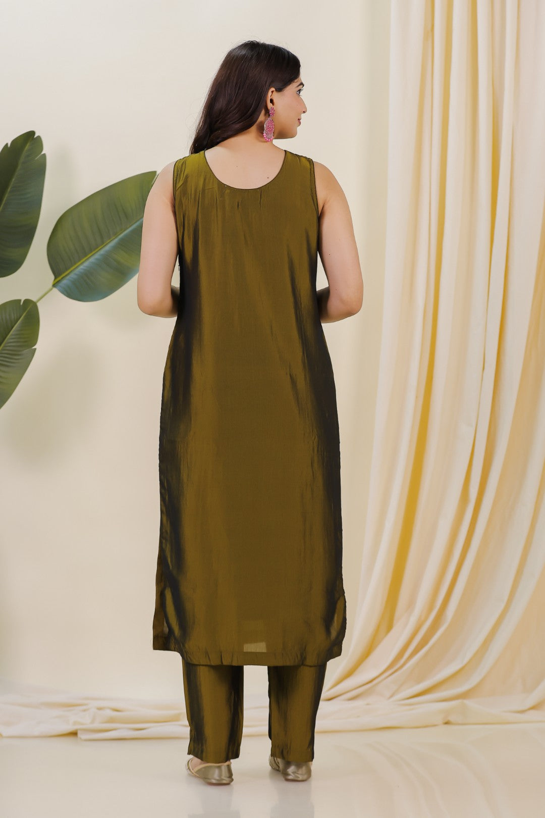 Mehendi Green Muslin Silk Suit with Handwork, Bottom & Dupatta