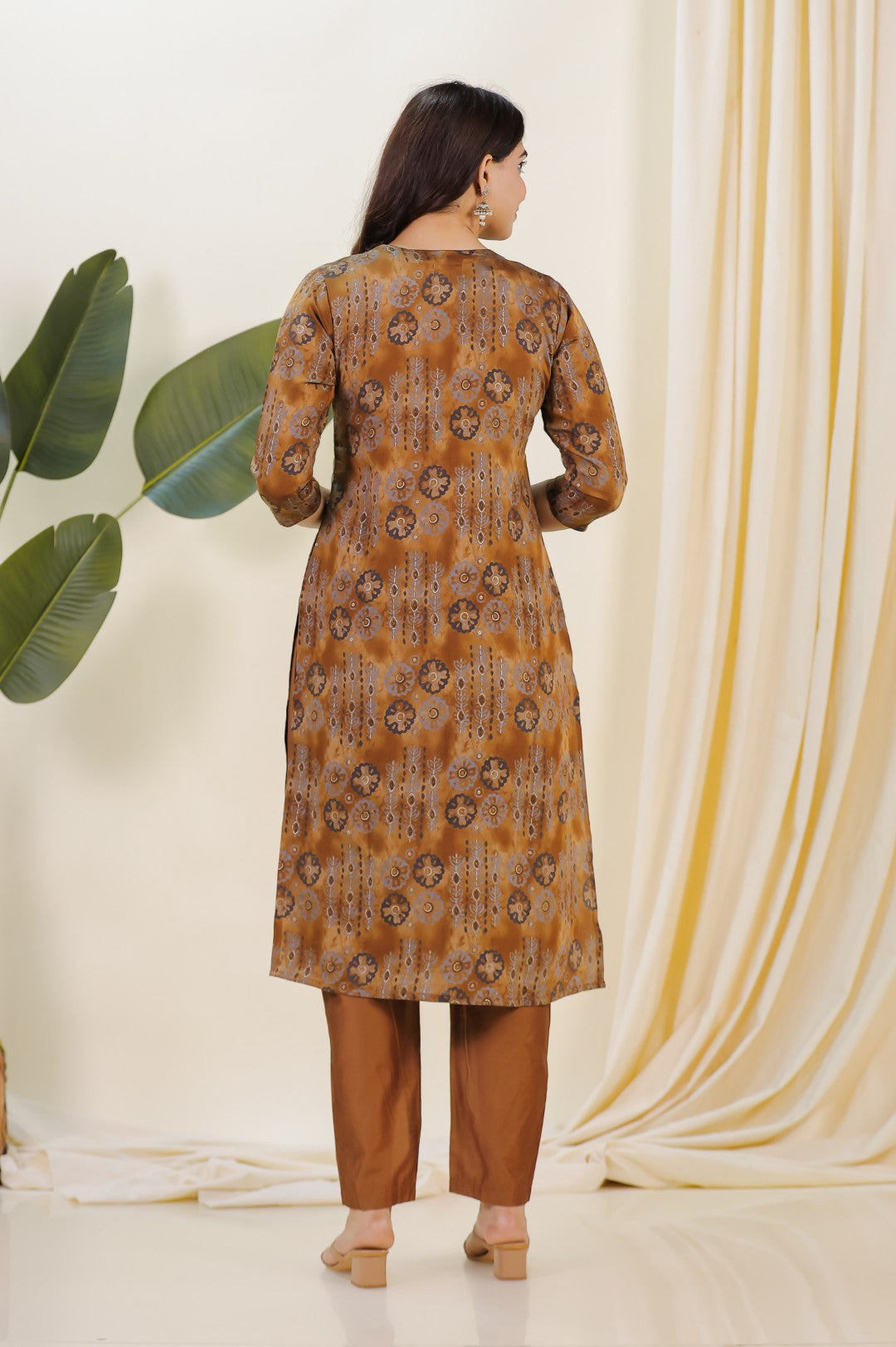Brown Muslin Printed Suit with Piping Neck Work, Bottom & Dupatta