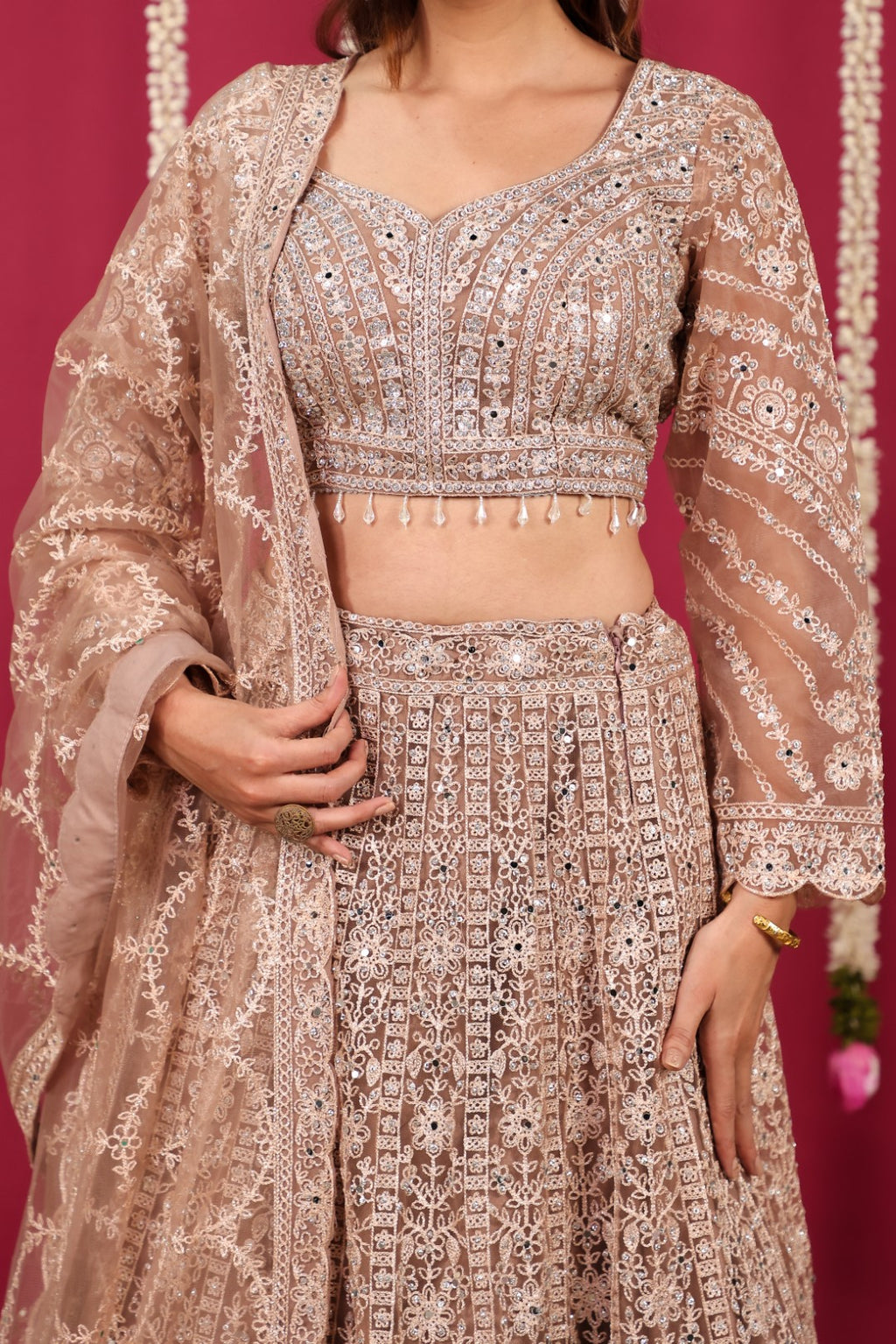 Light Brown Net Blouse with Full Zari, Mirror & Stone Work, Lehenga & Dupatta