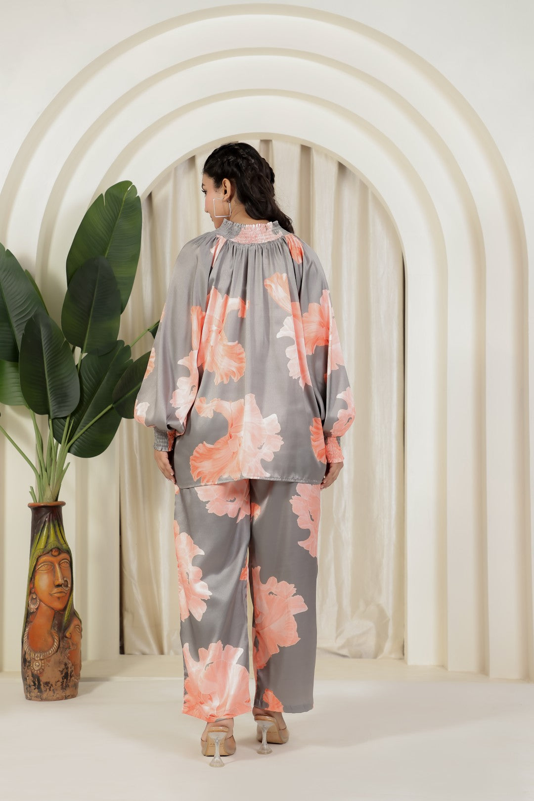 Steel Grey Satin Top with Flower Prints and Paired with Matching Bottom