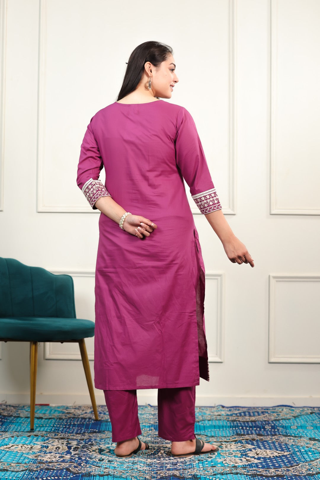Purple Pink Cotton Suit with Fine Thread Work, Bottom & Dupatta