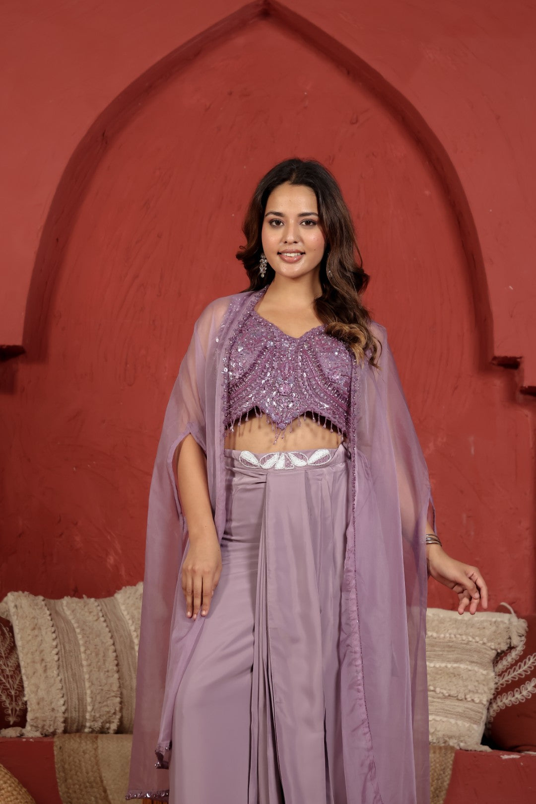 Lavender Satin Silk Blouse with Front Handwork, Dhoti & Shrug