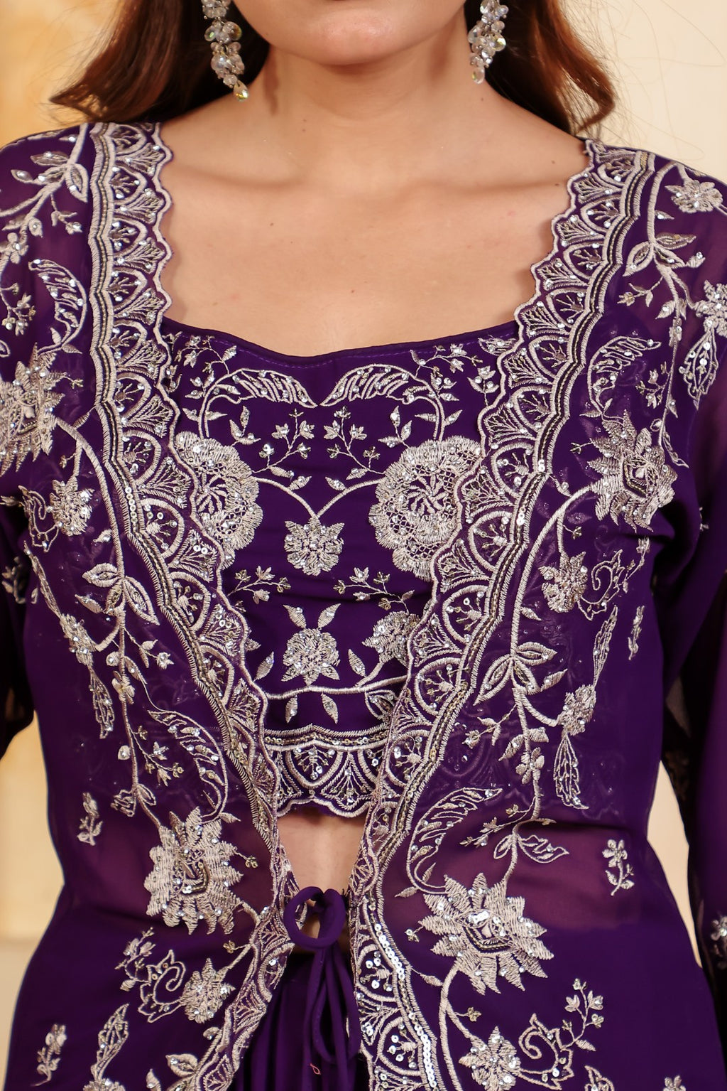 Purple Georgette Blouse with Thread & Stone Work, Lehenga & Long Jacket Shrug