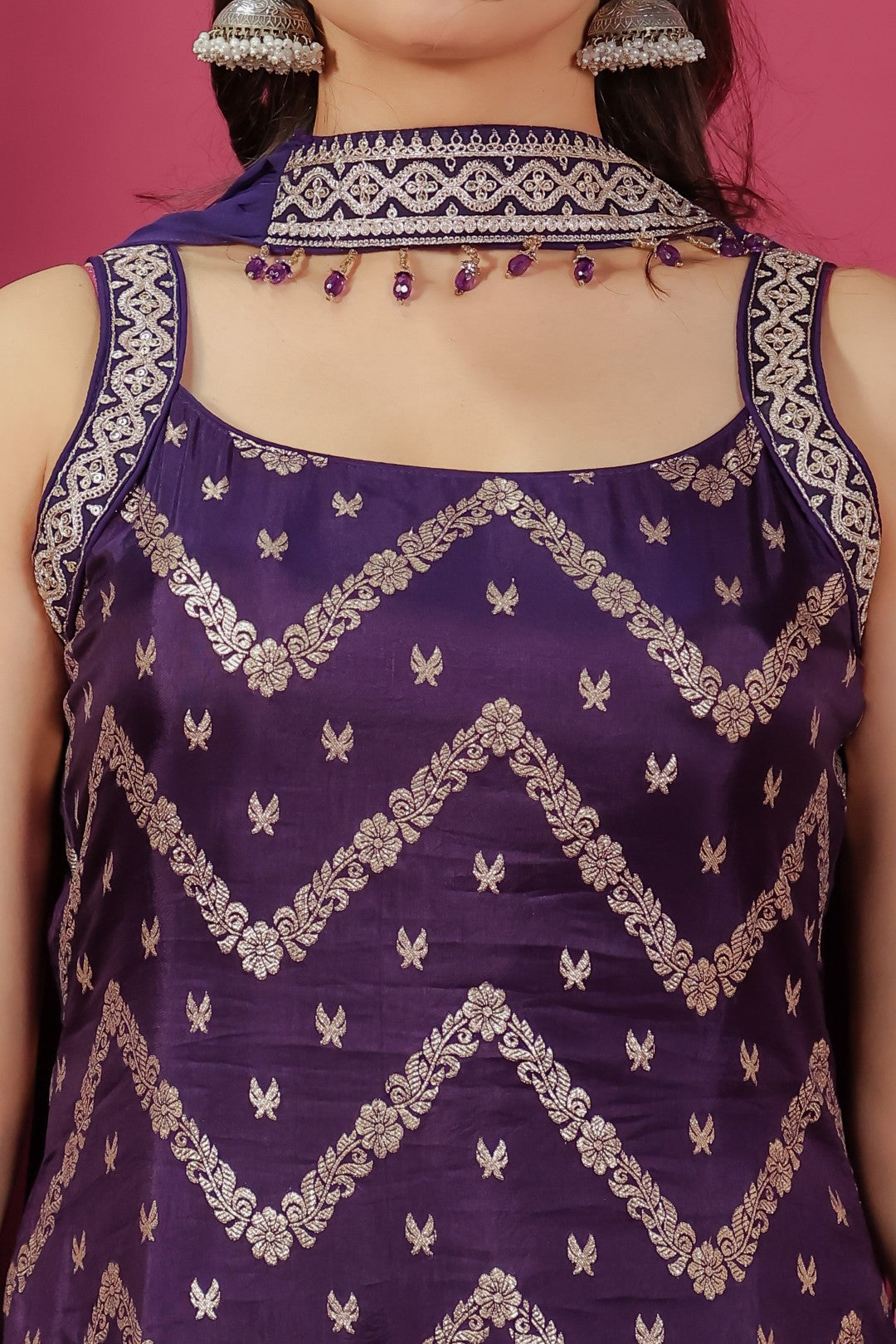 Purple Ho Silk Banarasi Top with Zari Work, Sharara & Dupatta