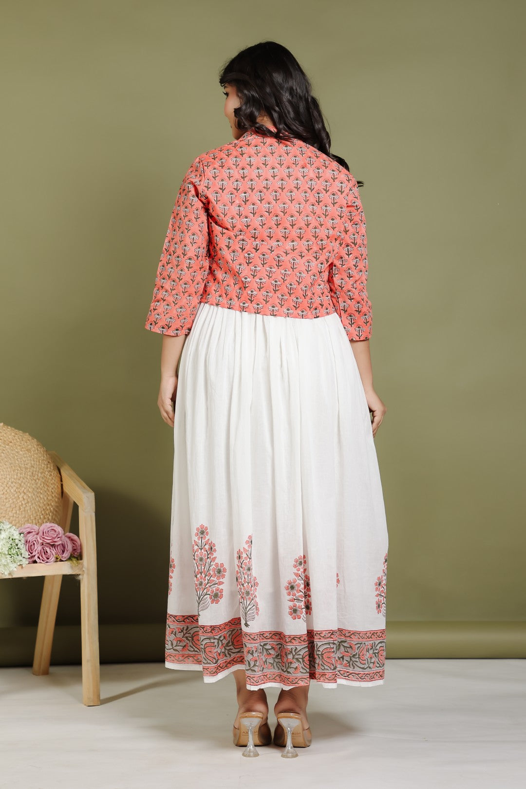 Offwhite Mulmul Cotton Suit with Hand Block Sanganeri Print and Rust Grey Hand Block Sanganeri Printed Jacket