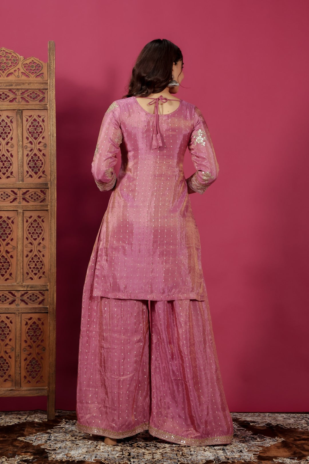 Pink Mosh Silk Suit with Banarsi Work, Palazzo & Dupatta