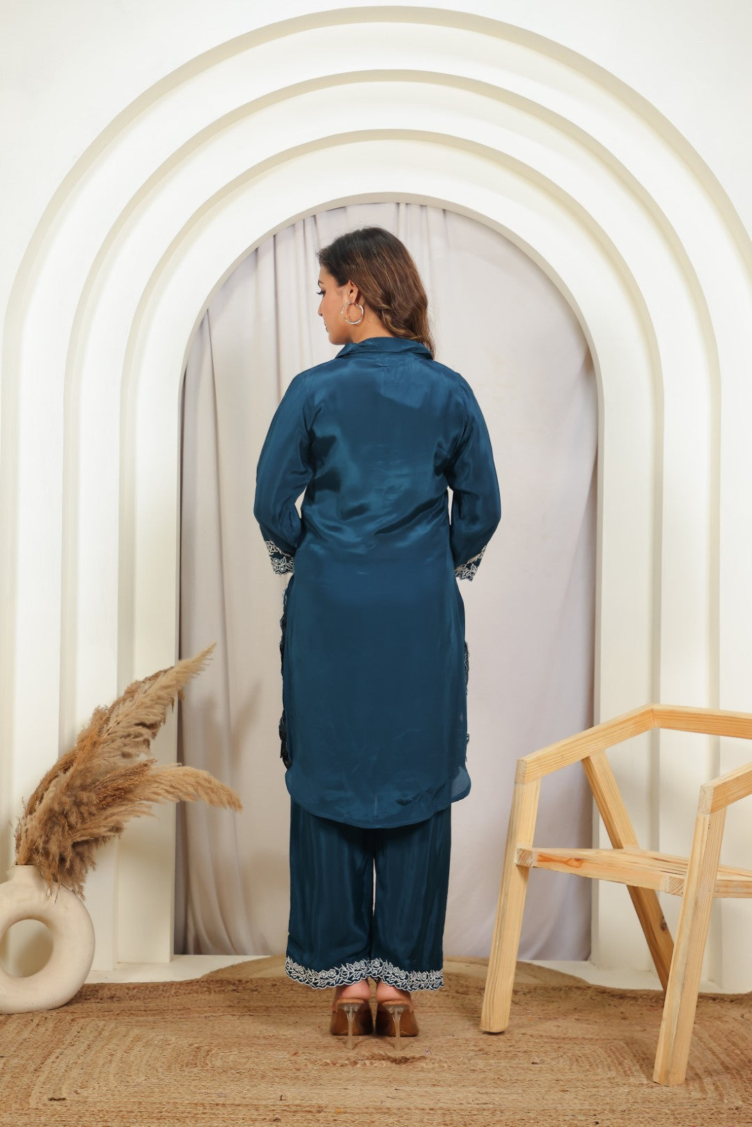 Diesel Blue Crepe Silk with White Thread Work Co-ord Set