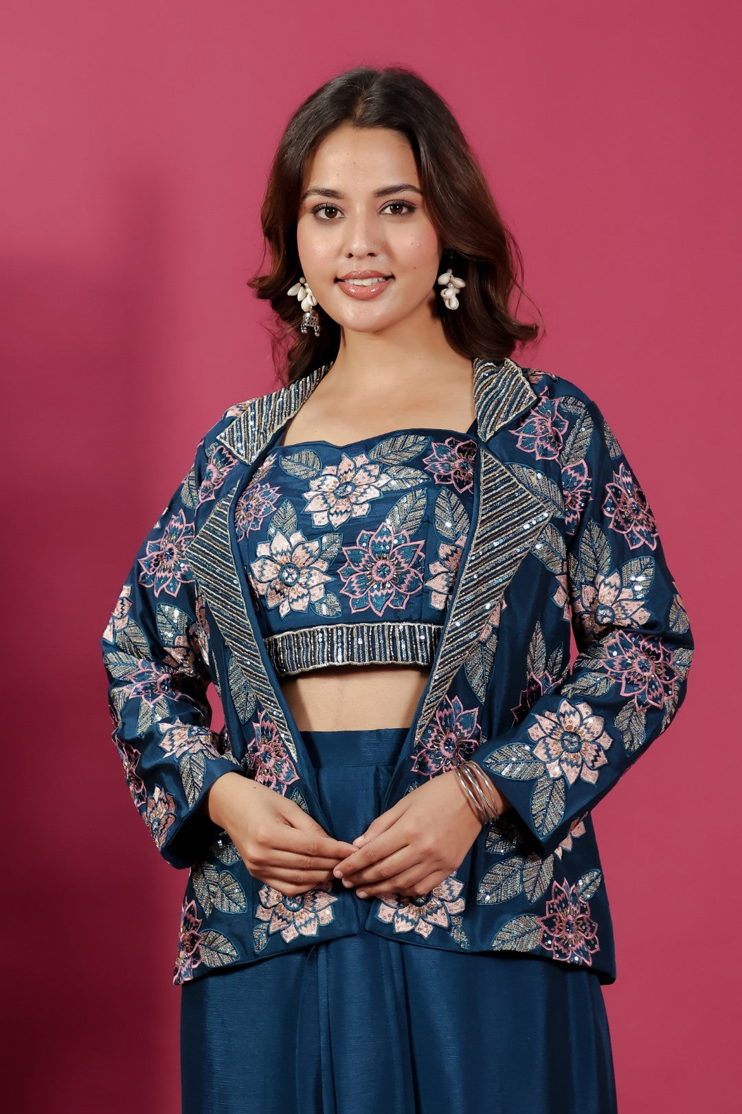 Dark Teal Blue Chinon Silk Blouse with Thread & Sequence Work, Jacket & Dhoti