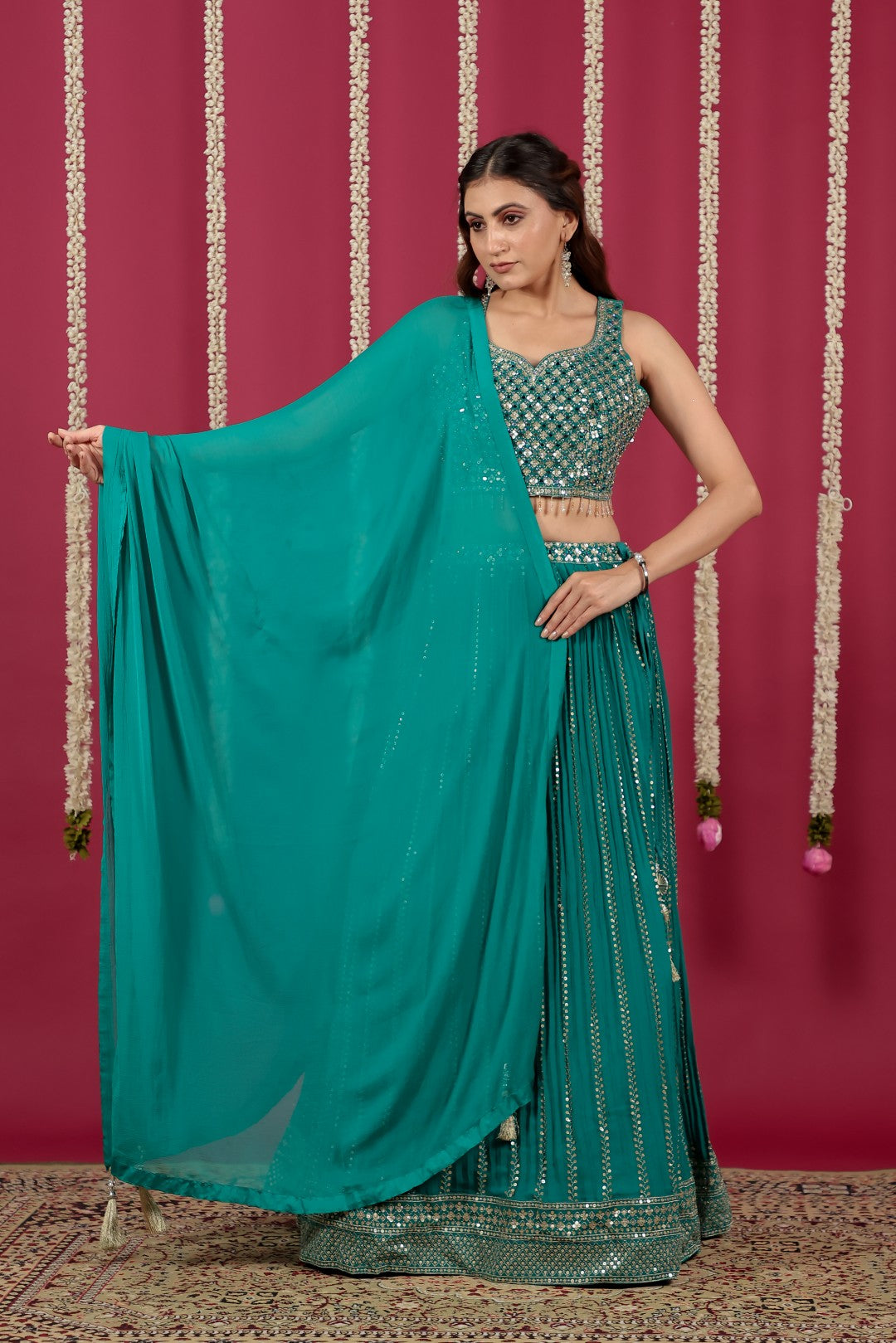 Rama Green Georgette Lehenga with Sequin & Mirror Work Blouse & Dupatta