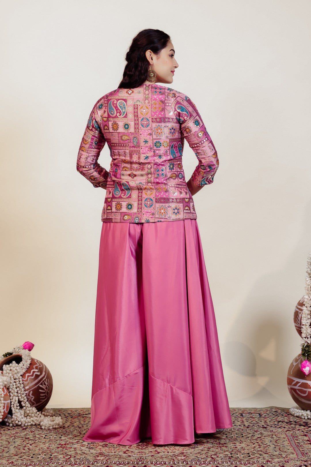 Baby Pink Silk Top with Banarsi Position Print, Sharara & Dupatta