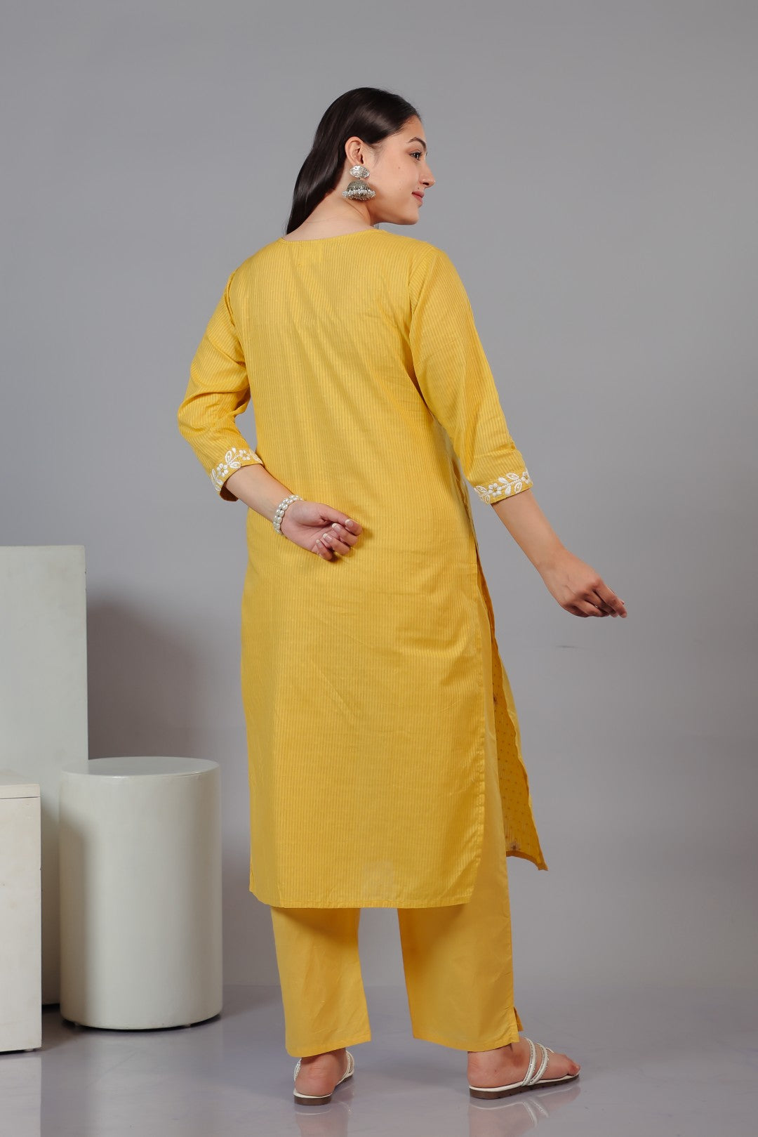 Yellow Cotton Suit with Fine Thread Work, Bottom & Dupatta