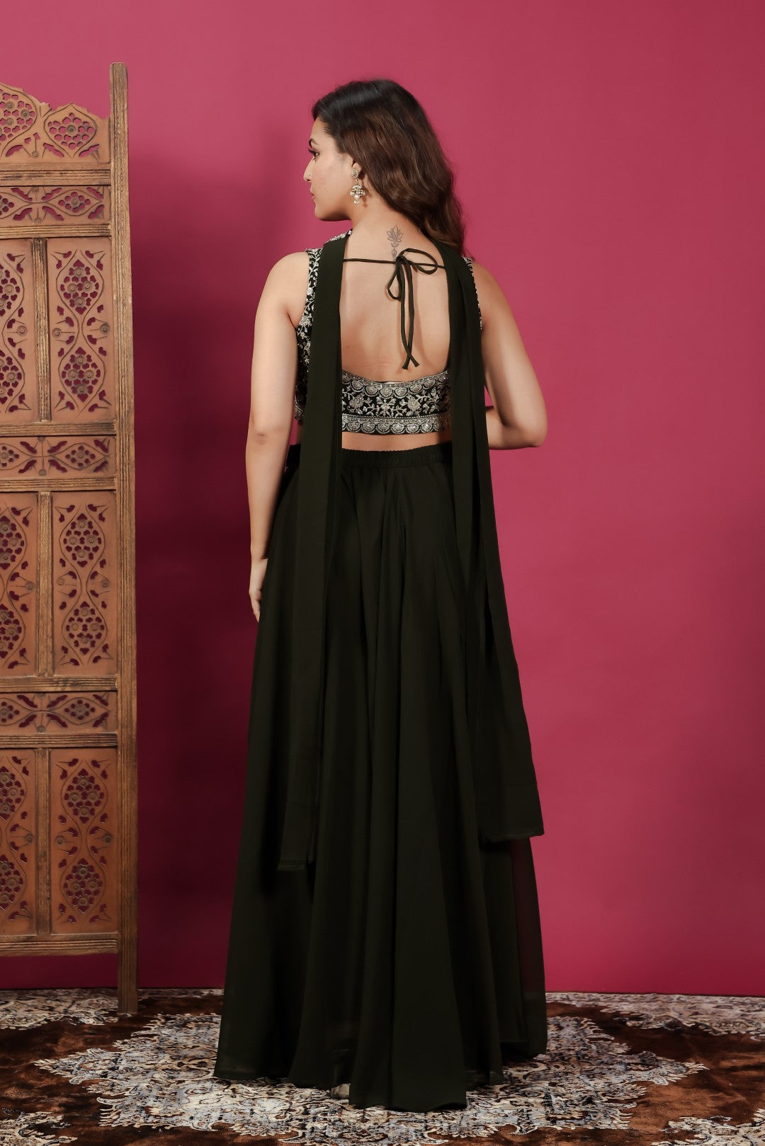 Dark Green Georgette Blouse with Heavy Zari Work, Sharara & Dupatta