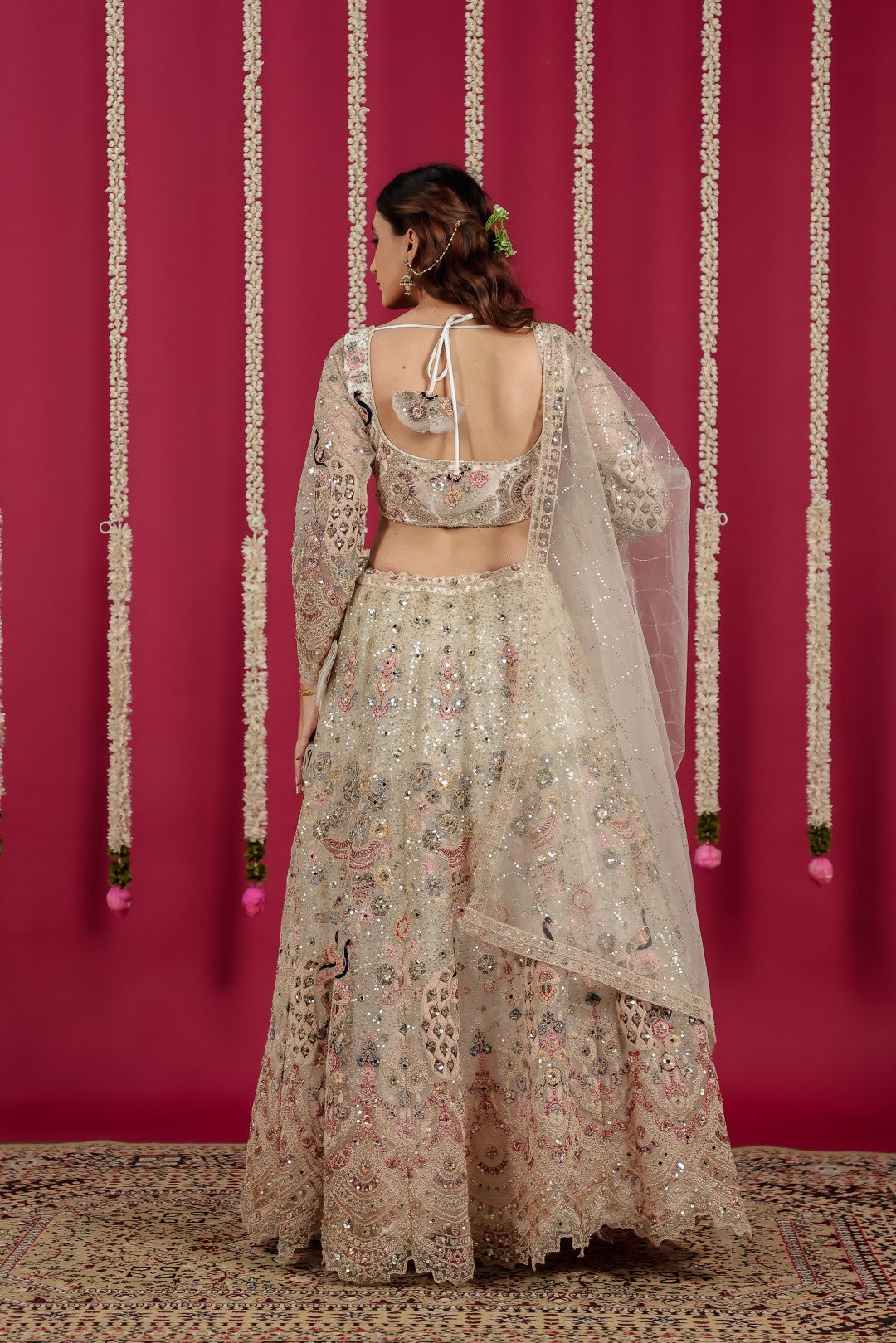 Off White Net Lehenga with Heavy Embroidery and Matching Blouse & Dupatta