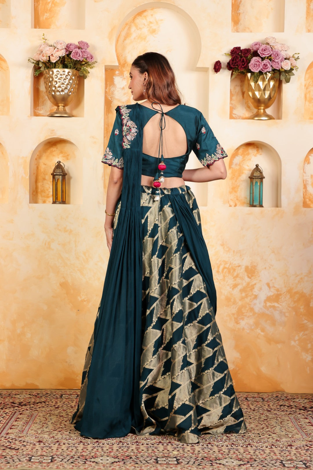 Diesel Blue Silk Banarasi Lehenga with Gotta Patti Handwork Blouse, Saree-Style Pallu