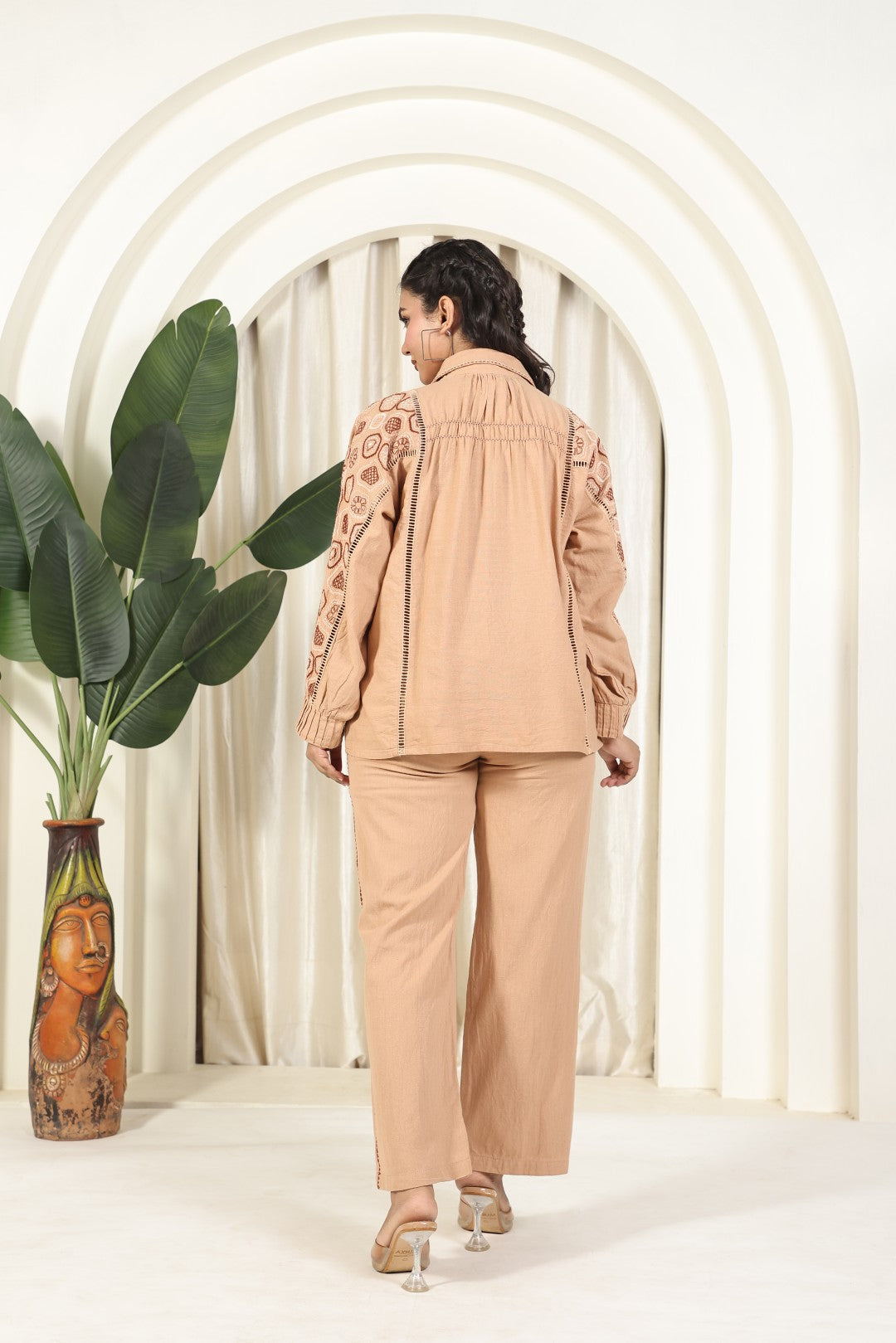 Light Brown Jute Cotton Top with Thread Embroidery & Pant