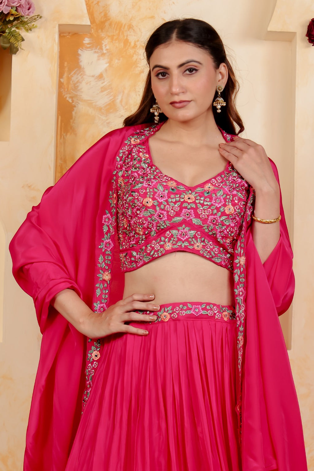 Rani Pink Crepe Silk Blouse with Thread & Stone Work, Lehenga & Dupatta