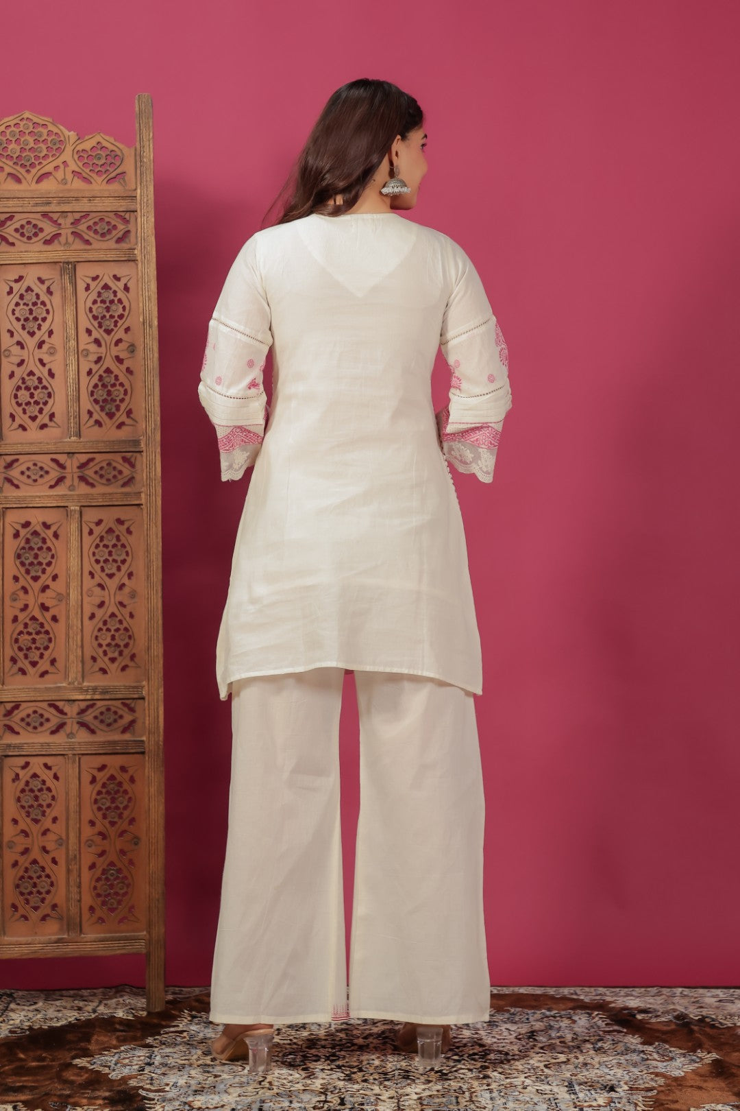 Off White Cotton Jacquard Work Co-ord Set with Dupatta