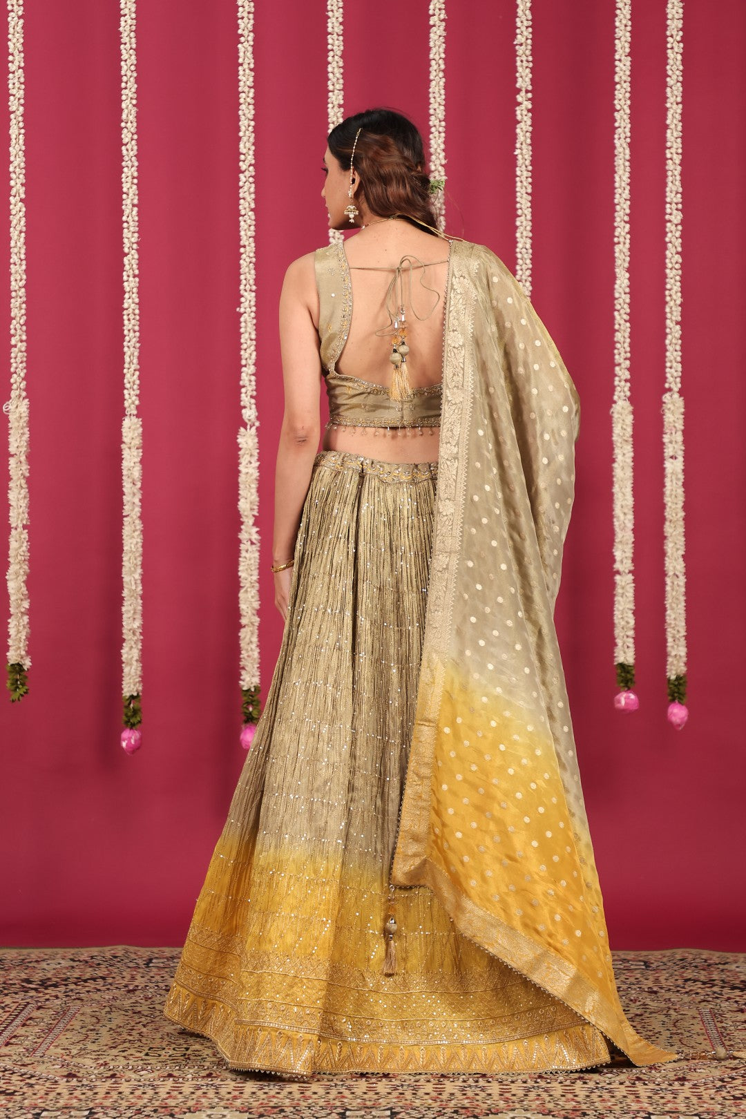 Golden Brown & Yellow Mosh Silk Lehenga with Zari Work with Blouse & Dupatta