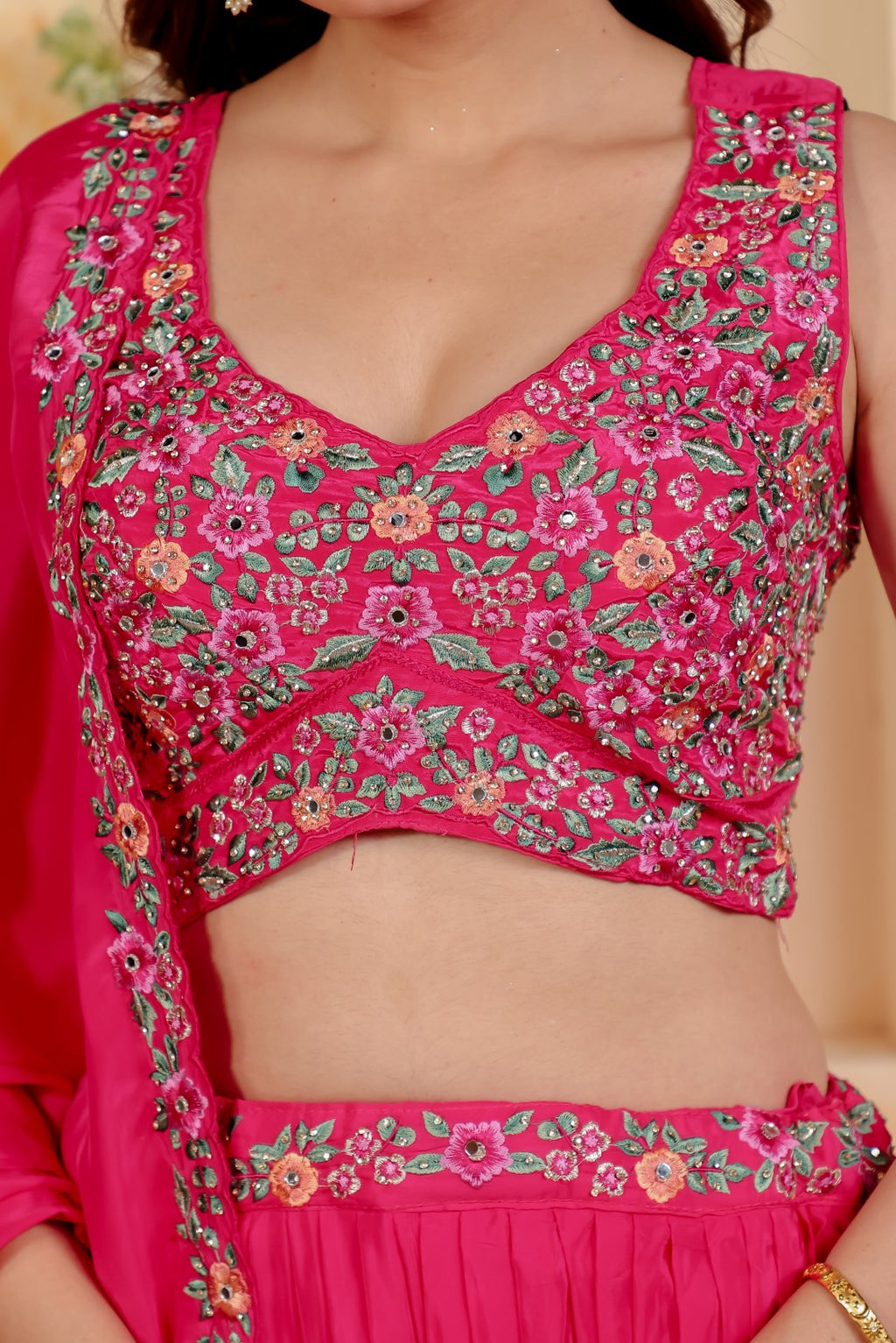 Rani Pink Crepe Silk Blouse with Thread & Stone Work, Lehenga & Dupatta