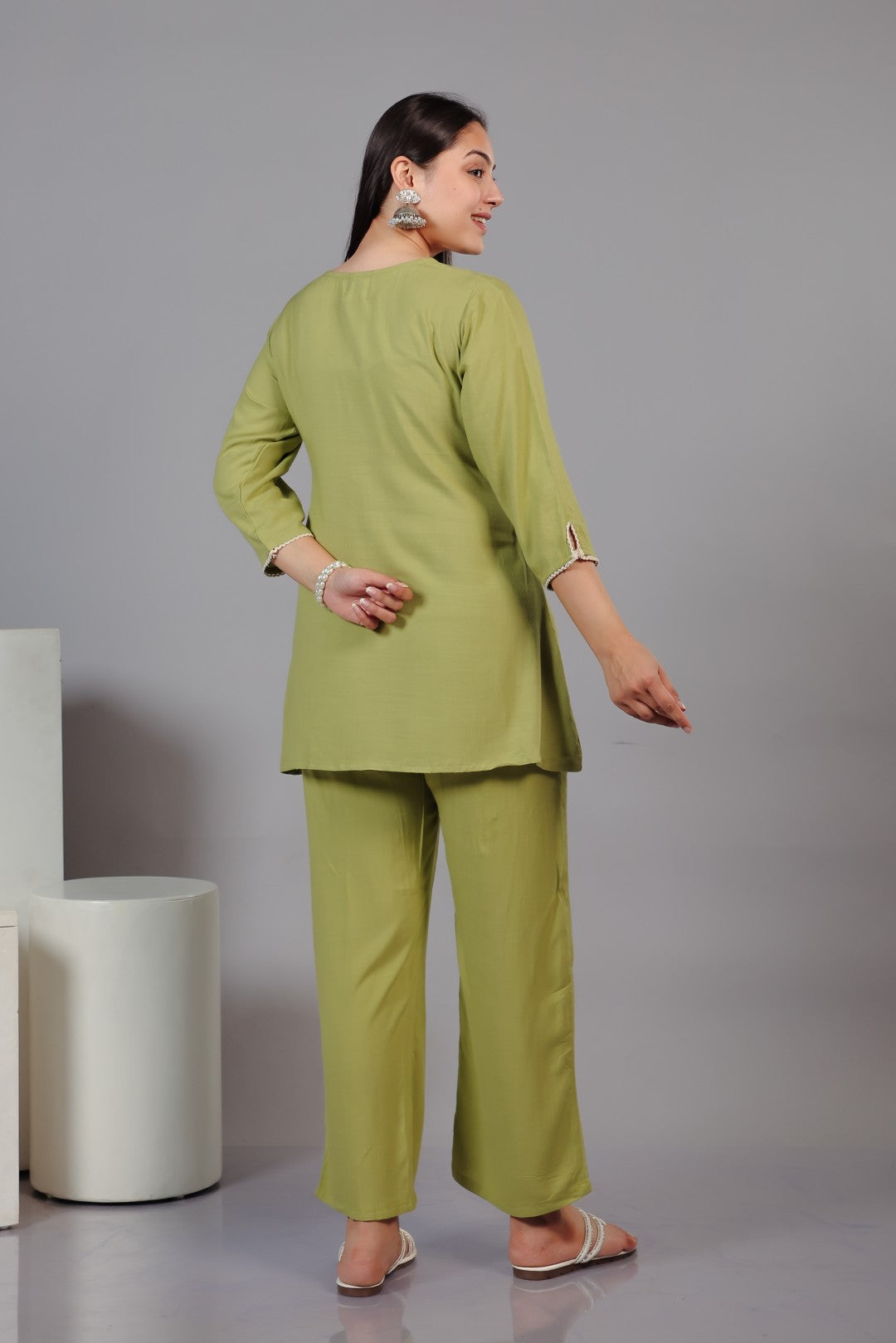 Pista Green Rayon Top with Thread Work Co-ord Set