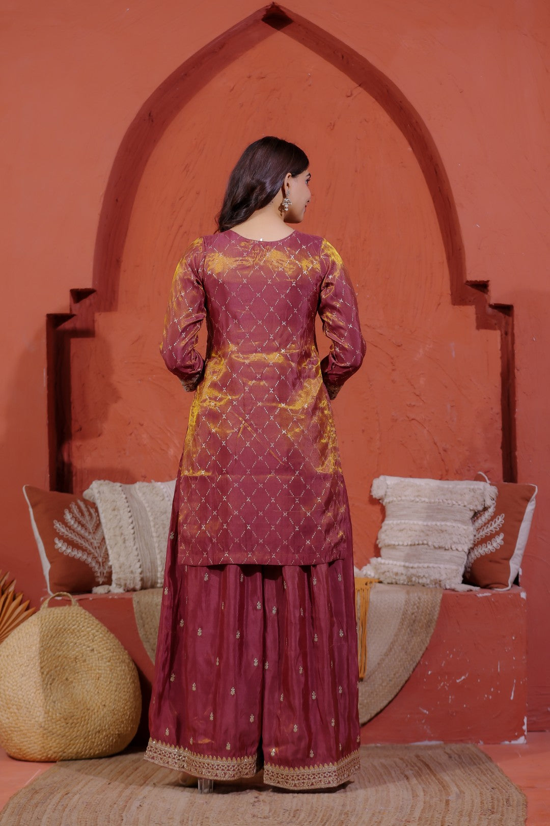Reddish Brown Mosh Silk Suit with Banarasi Work,Sharara & Dupatta