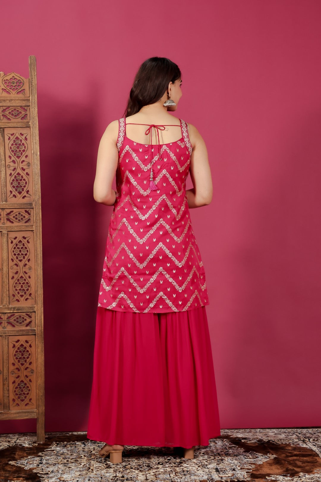 Rani Pink Ho Silk Banarasi Top with Zari Work, Sharara & Dupatta