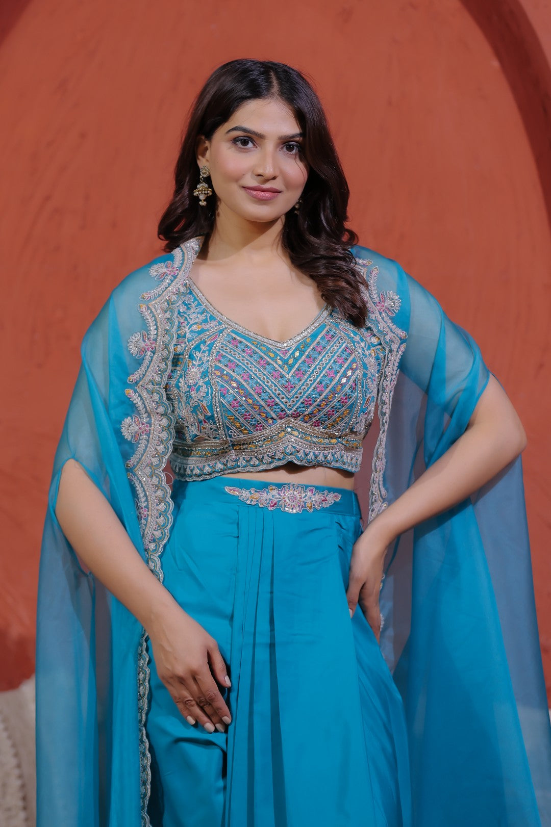 Rama Green Crepe Silk Blouse with Hand & Thread Work, Sharara & Shrug