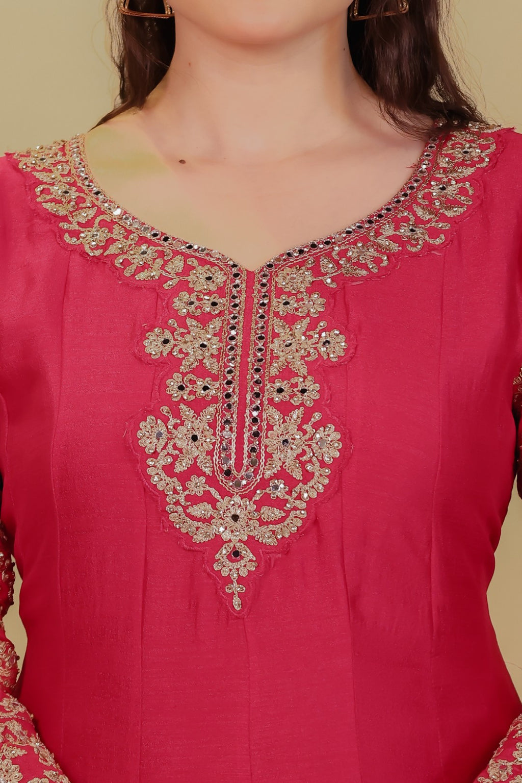 Rani Pink Vichitra Silk with Zari Work Gown & Dupatta