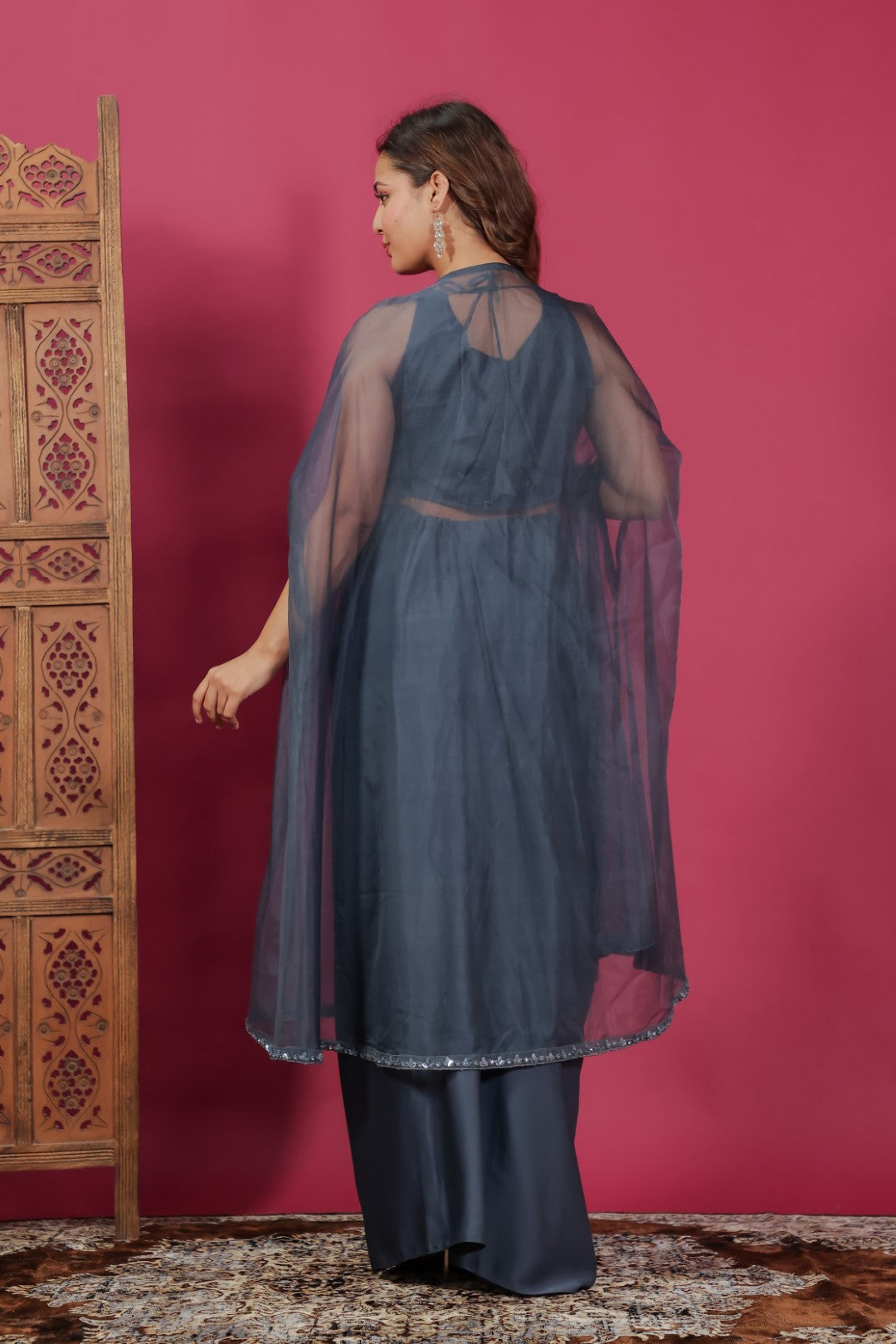 Dark Blue Grey Satin Dhoti Set with Handwork Blouse & Shrug