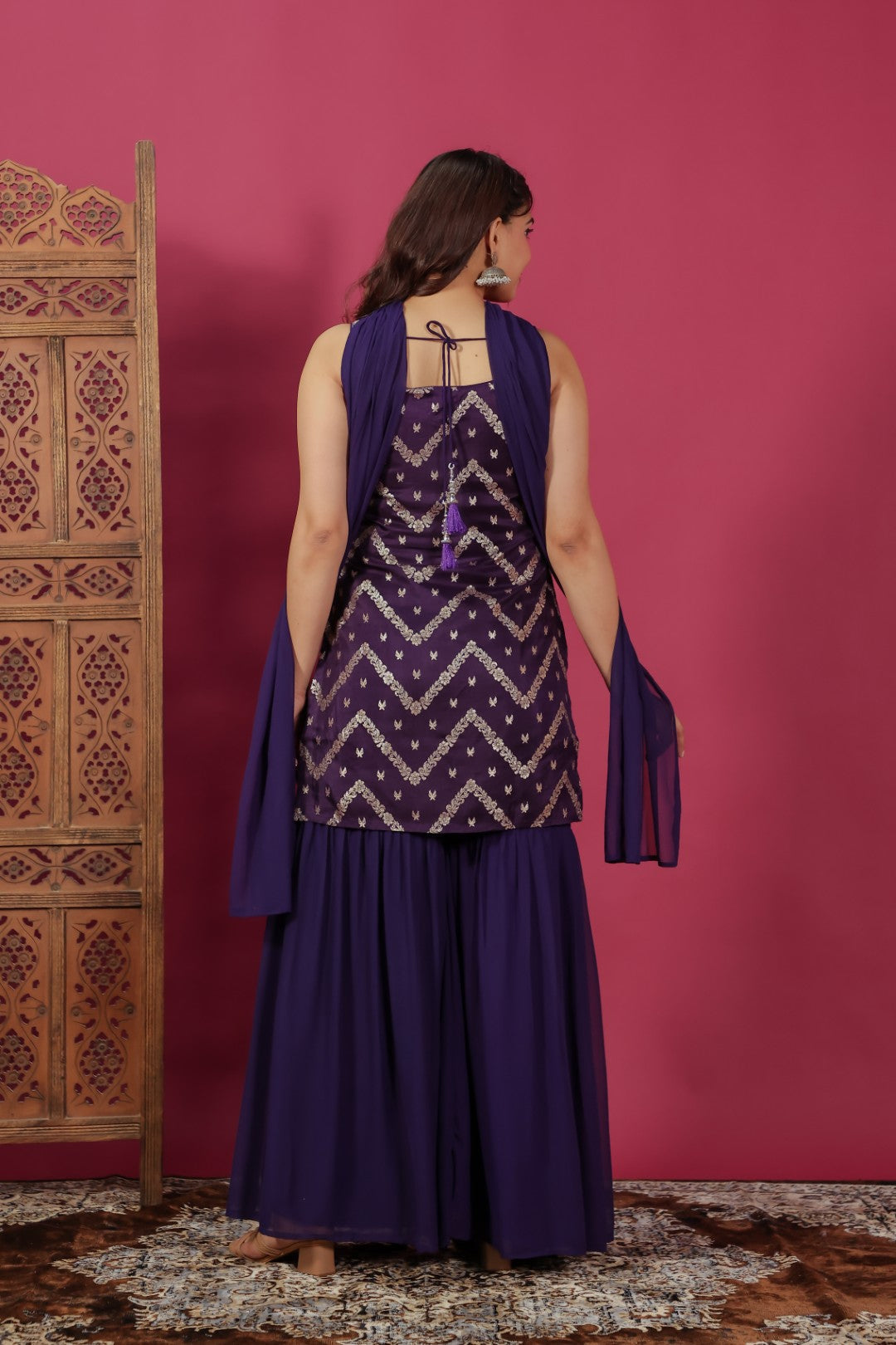 Purple Ho Silk Banarasi Top with Zari Work, Sharara & Dupatta
