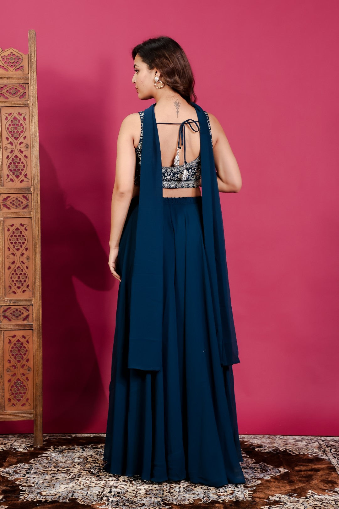 Diesel Blue Georgette Blouse with Heavy Zari Work, Sharara & Dupatta