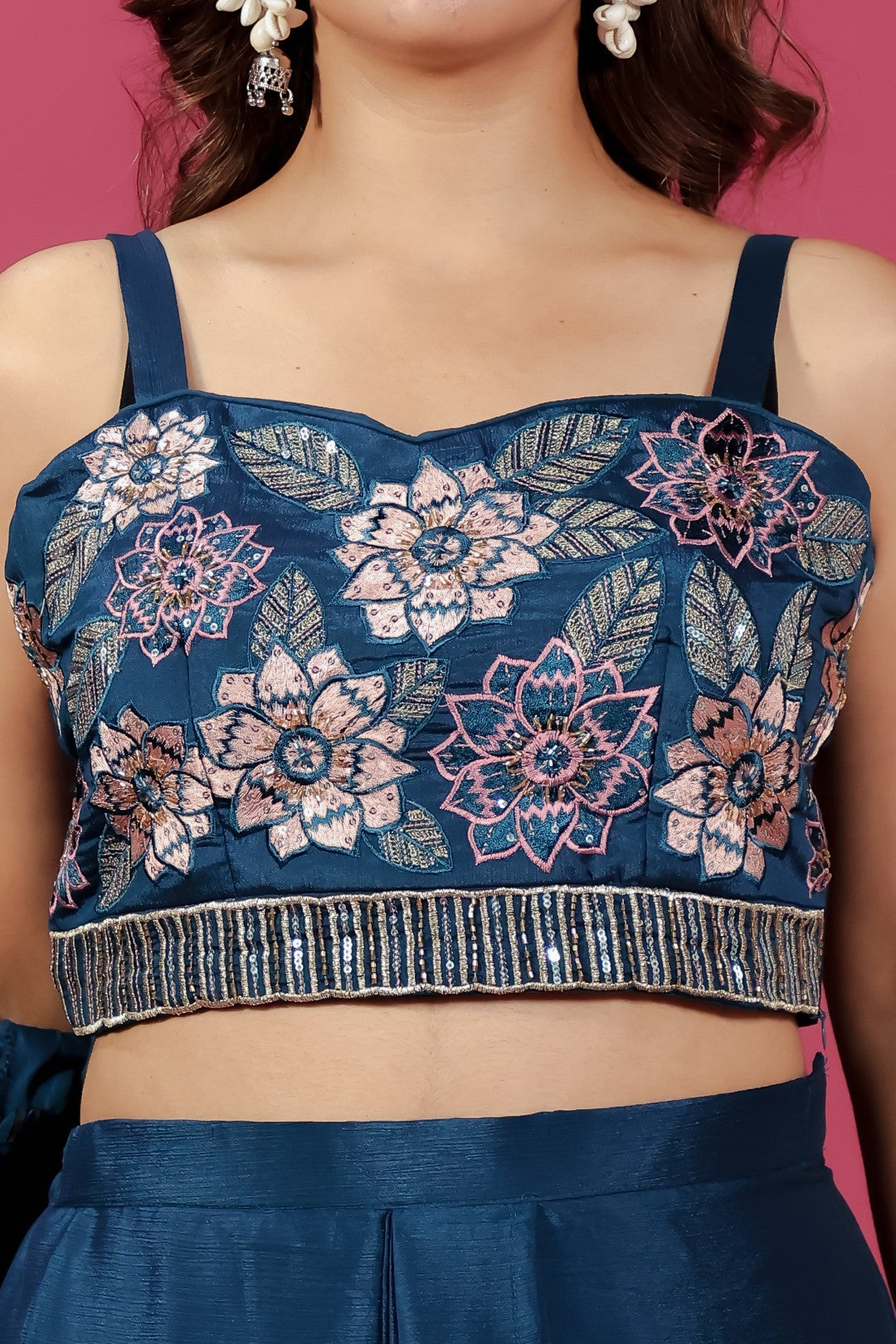 Dark Teal Blue Chinon Silk Blouse with Thread & Sequence Work, Jacket & Dhoti