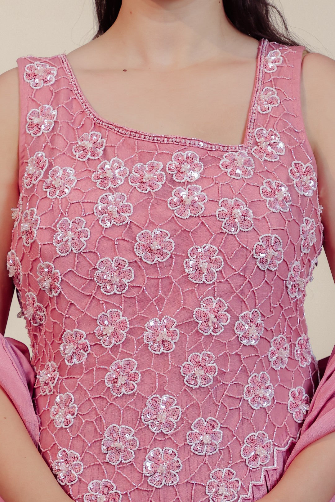 Baby Pink Chinon Silk with Patch Handwork Gown & Dupatta