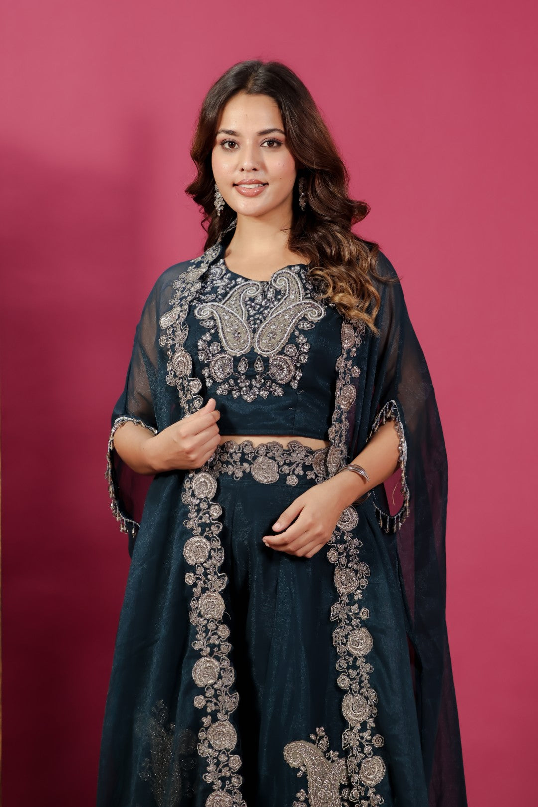 Dark Teal Blue Lurex Chiffon blouse with Patch Handwork, Sharara & Shrug
