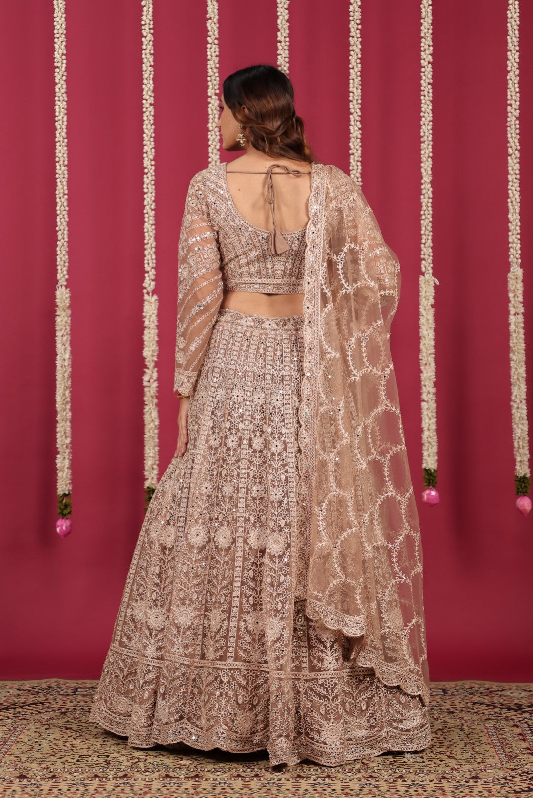Light Brown Net Blouse with Full Zari, Mirror & Stone Work, Lehenga & Dupatta