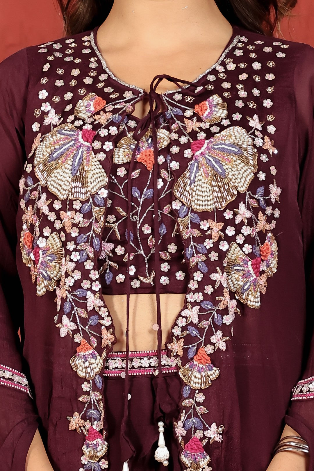 Wine Chinon Blouse with Handwork, Dhoti & Shrug