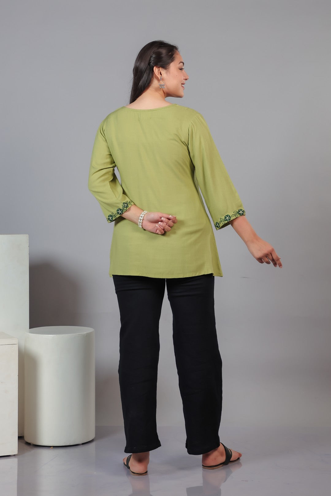 Pista Green Rayon Thread Work Top