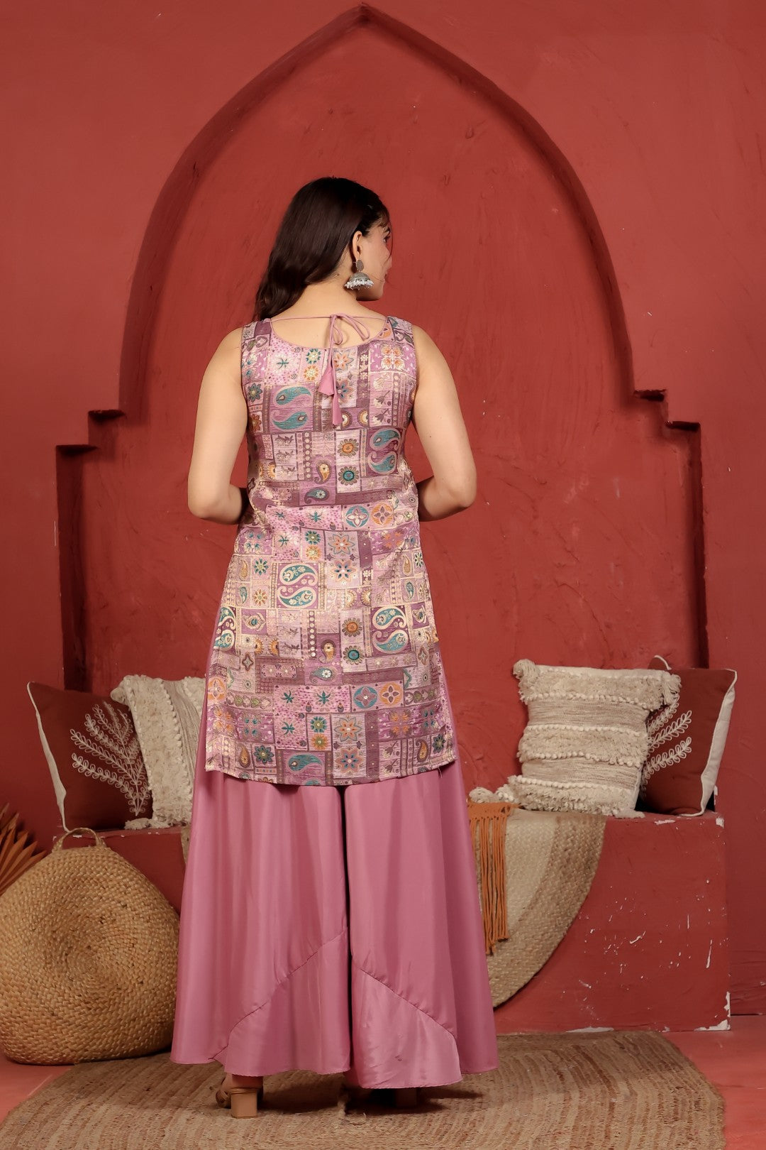 Pink Banarasi Silk Printed Suit, Sharara & Net Dupatta